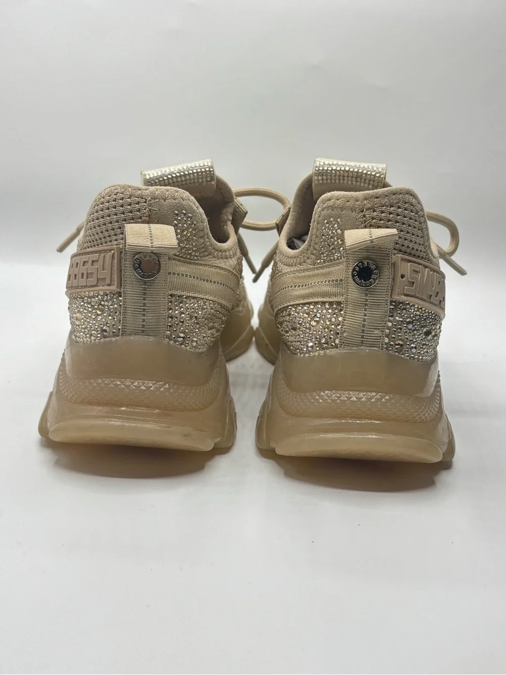 Steve Madden Maxima Beige Rhinestone Sneakers Monochrome Chunky 7.5 Maximalist